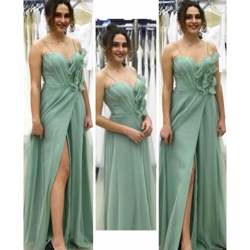Long Chiffon Green Evening Dresses with Slit Lace Up Back A-Line Floor Length V-Neck Abendkleid Robes de Soirée for Women