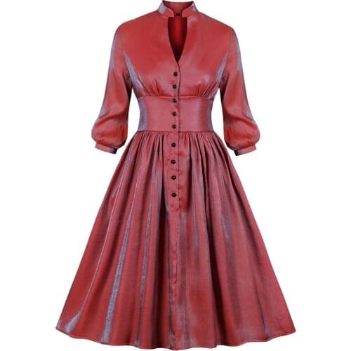 Sisjuly Autumn New Elegant Pearlescent Deep V- Neck Swing Female Retro Dresses Red Gothic A-line Dresses Vintage Party Dresses