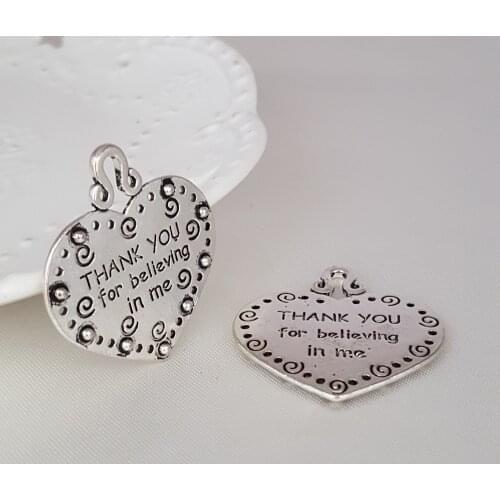 10pcs 35*38mm Zinc alloy Ancient silver color Heart Shape lettering Thank you for believing in me charm pendant DIY for necklace