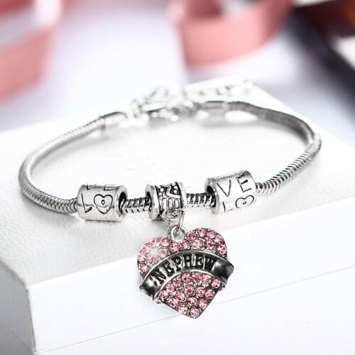12PC/Lot Pink Crystal Heart Charms Nephew Bracelet Gifts Chain Bangle For Men Family Love Nephews Brothers Son Jewelry Presents