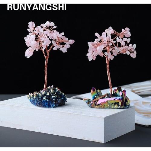 13-14cm 1pc Natural crystal stone Rose Quartz Rainbow Crystal Cluster Specimen Lucky tree Healing Christmas decorate