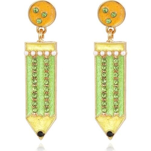 2021 Fashion Jewelry Trend Gold Plated Cute Long Enamel Crystal Pearl Pencil Earrings Brincos Feminino Stud Earrings For Women