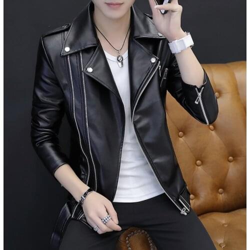 HOO 2022 Mens personalized epaulette oblique zipper leather lapel Slim handsome adolescent autumn PU leather