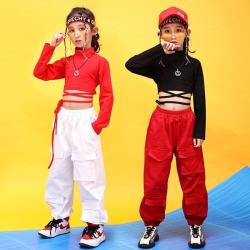 Children Hip Hop Clothing Red Black Sweatshirt Tops Crop Casual Pants For Girl Jazz Dance Costume Ballroom Dancing Clothes Wear