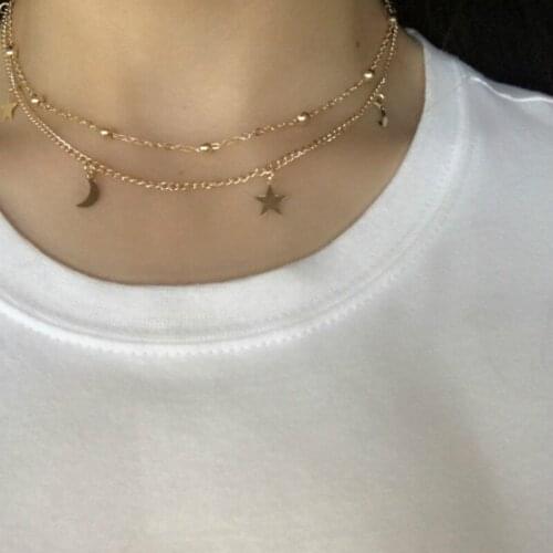 2 Layer Star Moon Choker Necklace For Women Bead Chocker collier ras du cou Tassel Charm pendant Necklace Jewelry