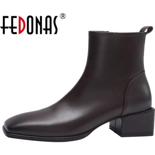 FEDONAS 2021 Autumn Square Toe Ankle Boots Genuine Leather Side Zipper Shoes Woman Heels Classic Design Working Basic Women Pump