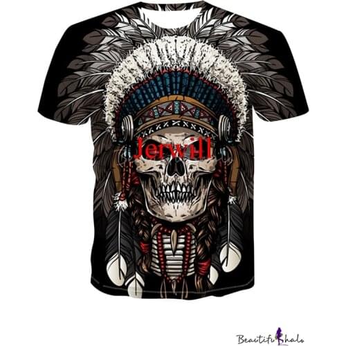 Leisure Mens Tee Top Tribal Skull Digital 3D Print Crew Neck Short Sleeve T-Shirt Printed Mens Women Cool T Shirt