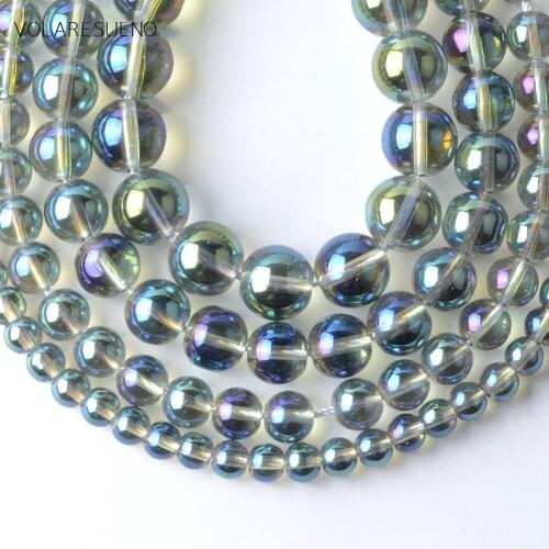 Plated AB Green Glass Stone Smooth Round Beads For Jewelry Making Flat Spacer Loose Beads Diy Bracelets Necklace 15" 6/8/10/12mm