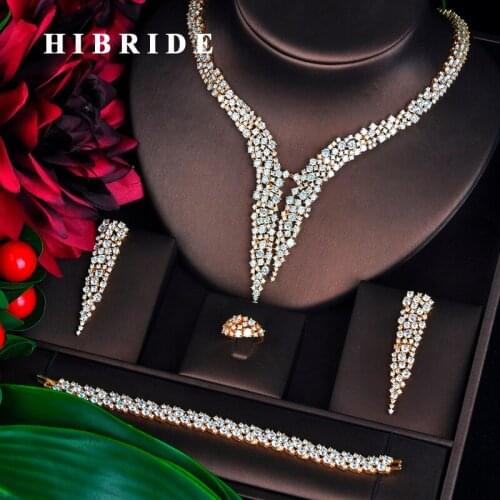 HIBRIDE New Dubai Gold Jewelry Sets For Women Bridal Wedding Accessories 4 pcs Necklace Ring Bracelet Earring Set N-707