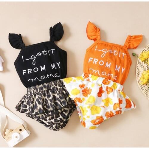 0-24M Cute Newborn Baby Girl Sleeve Letter Print Cotton Bodysuit Tops Floral Skirted Shorts 2PCS Summer Clothing Set