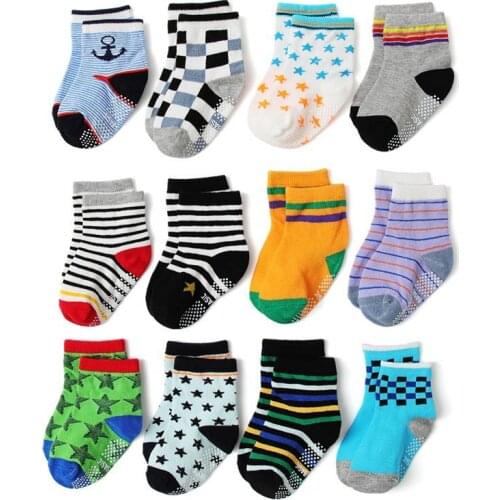 Toddler Socks SkiBeaut 12 Pairs Non Slip Skid Socks for Kids Boys Grips Cotton Crew Socks for 1-3/3-5Years