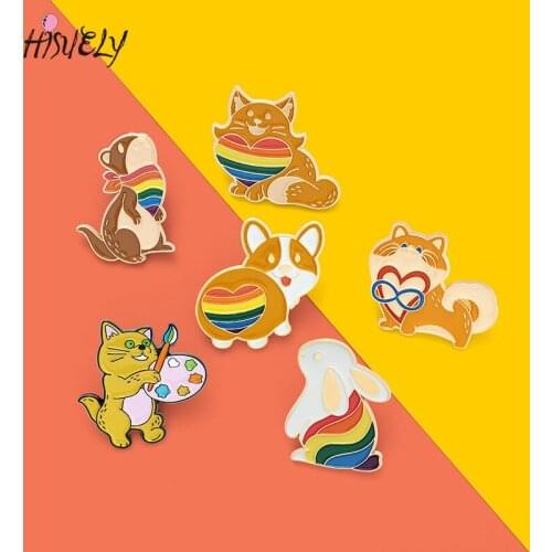 Cute Rainbow Rabbit Puppy Animal Brooch Bag Clothes Backpack Lapel Enamel Pin Badge Cartoon Jewelry Gifts