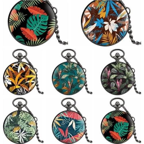 Fashion Colorful Customized Watches Multiple Tropical Plants Leaves Flowers Design Quartz Pocket Watch Chain Relojes de bolsillo