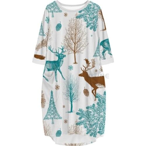 New Fashion Hunting 3D Print Long Deer Pocket Loose Casual Robe Summer Dress Traf For Women V12