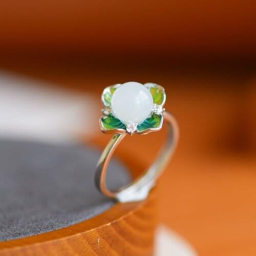 New silver inlaid natural Hetian jade ring retro Palace Chinese classical flower decoration opening adjustable womens jewelry