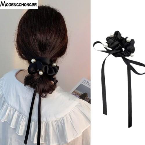 2021Korean Ribbon Elastic Head Rope Bow Headband For Female Girl Head Temperament Pearl Hair Scrunchies Headwear Hair Accessorie