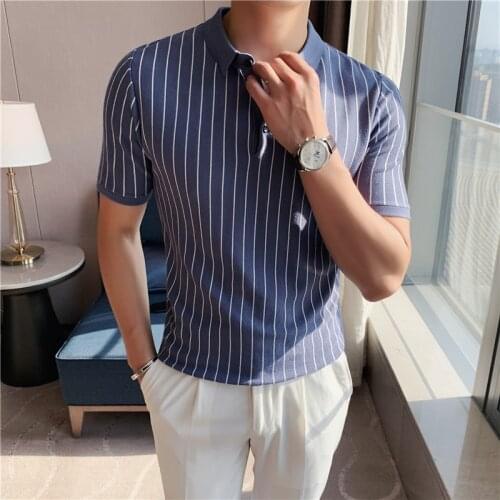 British Spring And Summer New Vertical Stripes Mens Polo Shirt Short-Sleeved Slim Fit Comfortable Stretch Large Size Shirt 4XL