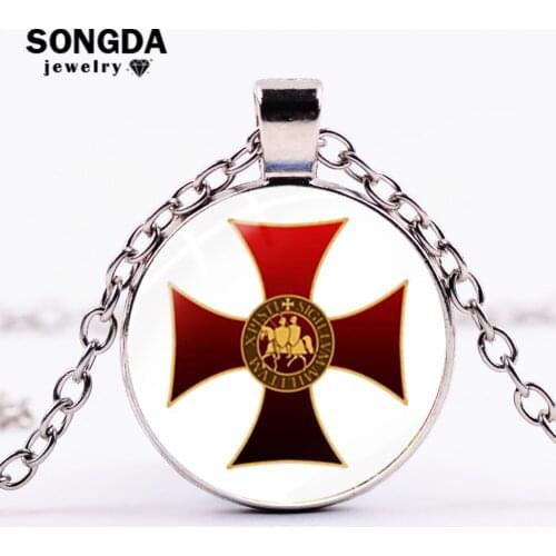 SONGDA Masonic Knights Templar Cross Necklace Art Photo Glass Badge Pendant Hip Hop Long Chain Necklace Freemason Souvenir Gift