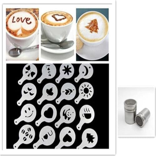 16pcs/set Coffee Latte Cappuccino Coffee Art Stencils Template Strew Flowers Pad Duster Spray for Coffee Decor To E11592
