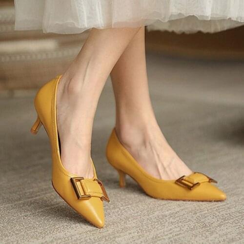 5cm Ol Office Lady Shoes Pointed Toe Pumps Women Dress Shoes Yellow High Heels Thin Heeled Ladies Shoes zapatos mujer