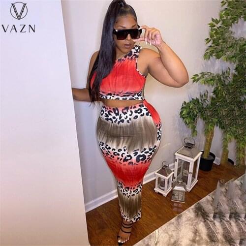 VAZN 2021 Top Quality Plus Size Bohemian Sexy Vintage Sexy Beach Mini Tank Top Maxi Pencil Skirts Slim Women 2 Piece Set