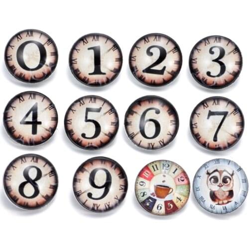 12pcs/lot Vintage Number Clock Pattern Charms 18mm Glass Snap Button For DIY Bracelet Snaps Jewelry KZ0307
