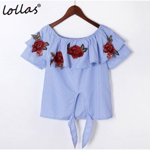 Lollas Summer Slash Neck Flower Embroidery Blouse Women off Shoulder Embroidered Short Sleeve Top