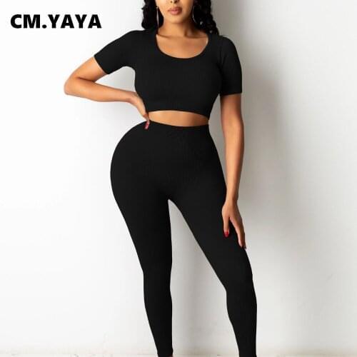 CM.YAYA Women Set Solid Sheath Elastic Short Sleeve Crop Tops Mid Waist Full Length Pencil Pants 2 Piece Sets Tracksuits 2021