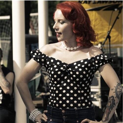 25- women vintage 50s dolores polka dot top in 2 colors off shoulder shirts camisa campesina crop tops pinup plus size t shirt