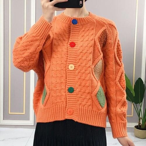 Autumn Winter Womens Twist Knitted Cardigan Color Matching Diamond Long Sleeve Sweater Coat