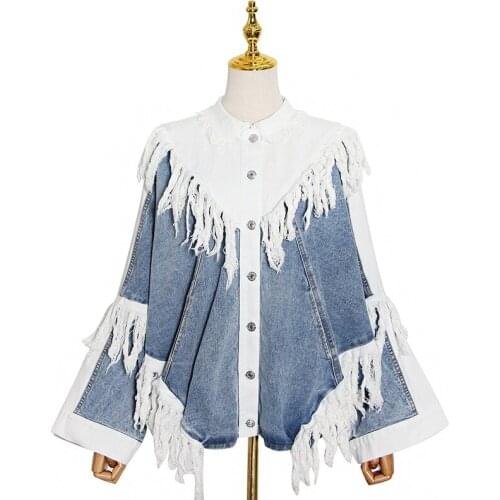 Women Winter Denim Coat Jacket New Fashion Temperament Street Style Black And White Stitching Tassel Single Breasted Design