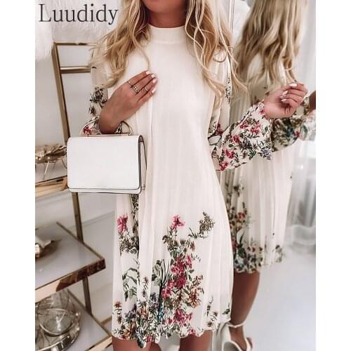 Women Long Sleeve Round Neck Floral Print Pleated Dress