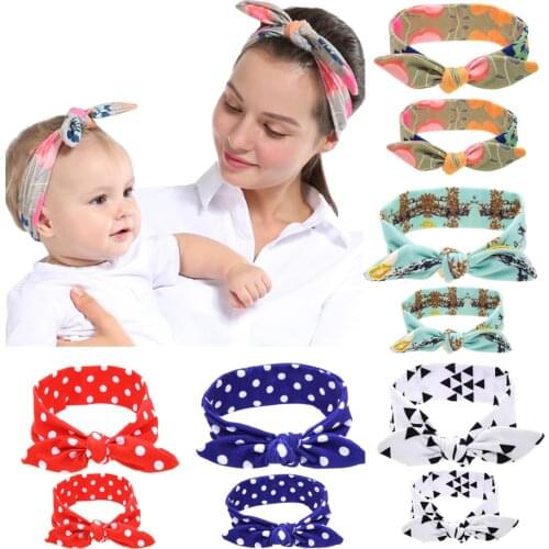 2pcs Mama & Baby Hairband Print Rabbit Ear Bowknot Elastic Kids Headwear Children Headband Hair Accessories Women