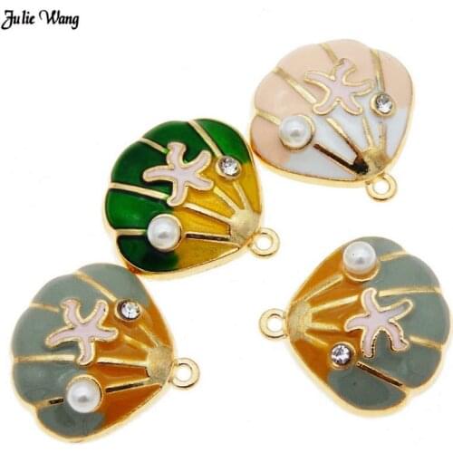 6pcs Alloy Enamel Sea Shell With Artificial Pearl Charms Gold Tone Necklace Bracelet Pendant Making Jewelry DIY Findings