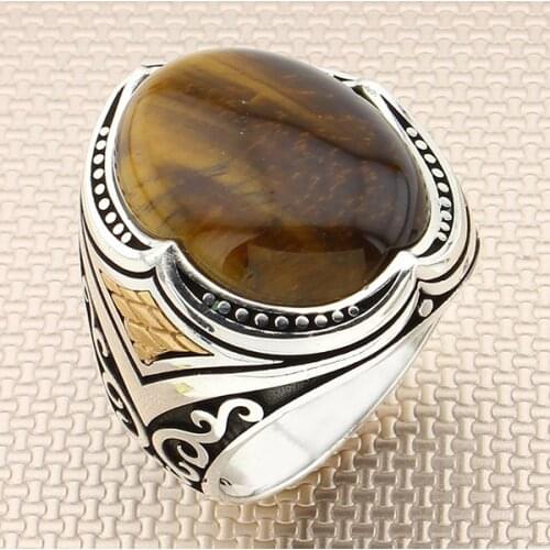 Arabic Silver Ring Oval Brown Tiger Eye Stone Silver Ring Men Silver Ring Made in Turkey Solid 925 Sterling Silver