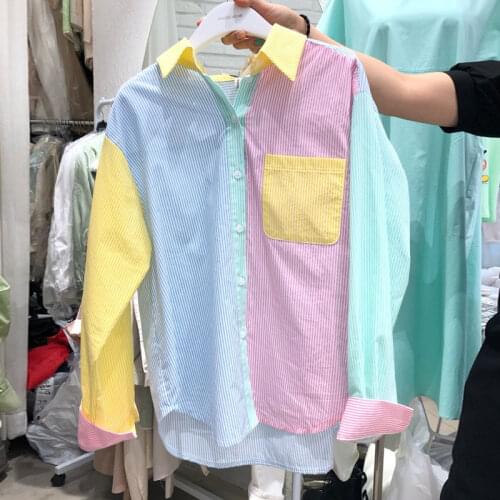 Spring Autumn New Color Stripe Stitching Blouse Female Lapel Single-breasted Blusa All-match Casual Sunscreen Women Shirt GK484