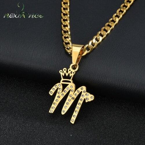 Nextvance Gold Custom Crystal Name Necklaces with Crown Stainless Steel Personalized Zircon Pendant Cuban Chain For Women Gift
