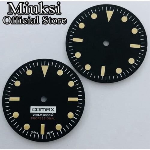 Miuksi 28.5mm black watch dial fit NH35 NH36 movement fit 3 o'clock crown 3.8 o'clock crown