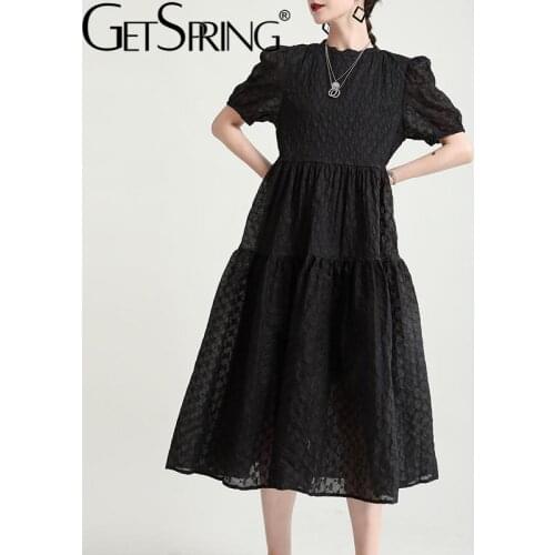 Getspring Women Puff Sleeve Black Vintage Dresses High Waist Sexy Long Girls Summer Dress 2021 New Fashion Women Clothes