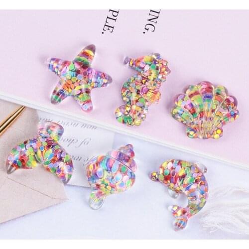 Rainbow Colors Flatback Glitter Resin Cabochons Embellishments Scrapbooking 10pcs Kawaii Star Sea Horse Shell Whale Snail Cameo