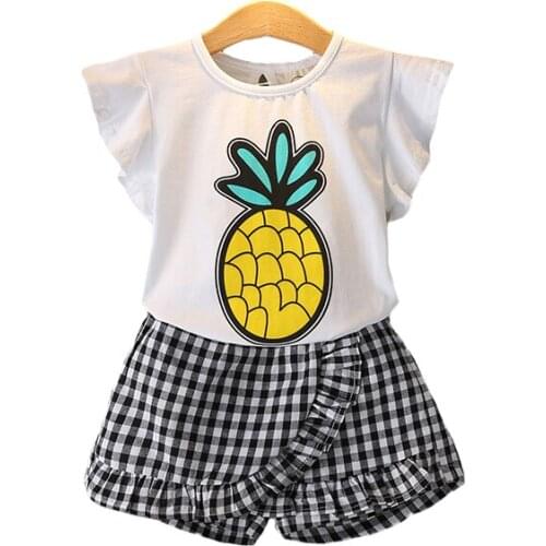 Girls Clothing Set Cartoon Pineapple Cotton T-Shirt + lattice Pants 2Pcs Suit Kids Birthday Party Present Children Clothes