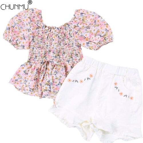 Girls Clothing Sets 2021 Summer Kids Clothes Floral Short Sleeve Top + Embroidery Shorts 2pcs Children Clothing