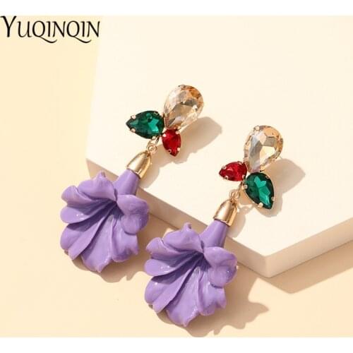 Colorful Resin Flower Long Earrings for Women 2021 Statement Rhinestone Acrylic Drop Earring for Girls Crystal Fashion Jewelry