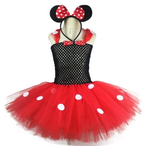 Cute Baby Mickey Tutu Dress Girls Crochet Dress with White Dots and Minnie Hairbow Kids Birthday Party Costume Cosplay Dresses