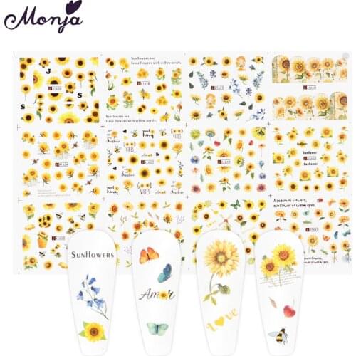 Monja 1 Sheet Yellow Flower Series Nail Art Watermark Stickers Sunflower Pattern Water Transfer Decals DIY Manicure Decorations