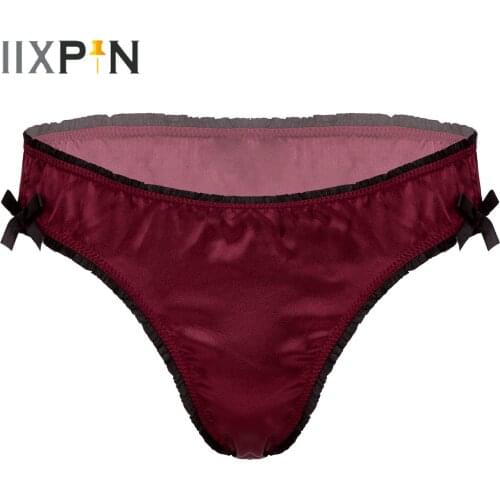 Mens Erotic Lingerie Sissy Briefs Bottoms Frilly Bowknot Decor Satin Underpants Low Waist Elastic Waistband Underwear Panties