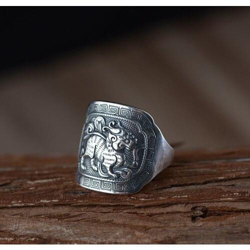 Wholesale male money fine silver S990 Thai silver restoring ancient ways ring process Men kirin totem silver ornament