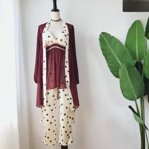 New Spring Women Silk Pyjamas Sexy Perspective Lace Stitching Sling 3 Piece Set Sleepwear Home Suit Satin Nightwear