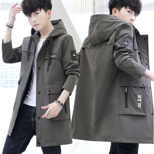 Autumn and winter mens slim windbreaker jacket youth Korean medium length Plush windbreaker mens Hooded Jacket