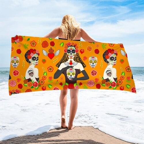 Microfiber Swim Towels Sand Free Beach Towels Day Of Dead Sugar Skull Girls Printed Quick Dry Hotel Absorbent Serviette Plage